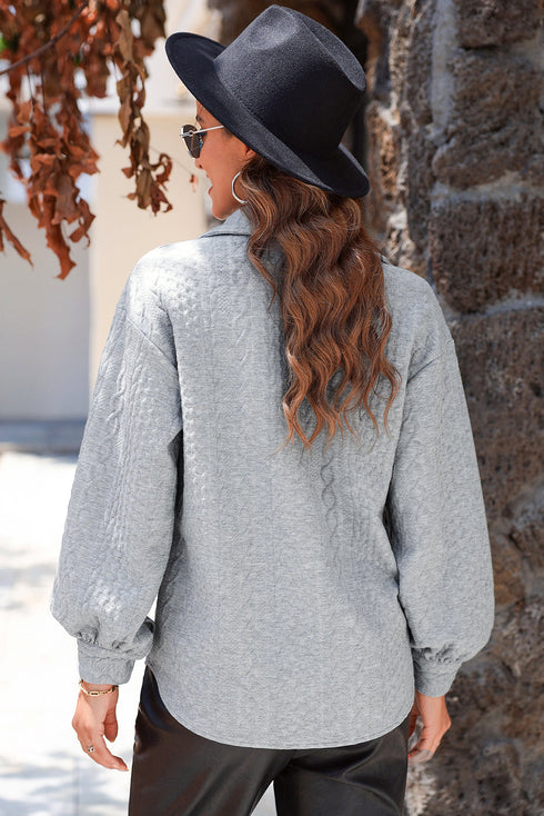 Cable Texture Button Front Puff Sleeve Shacket