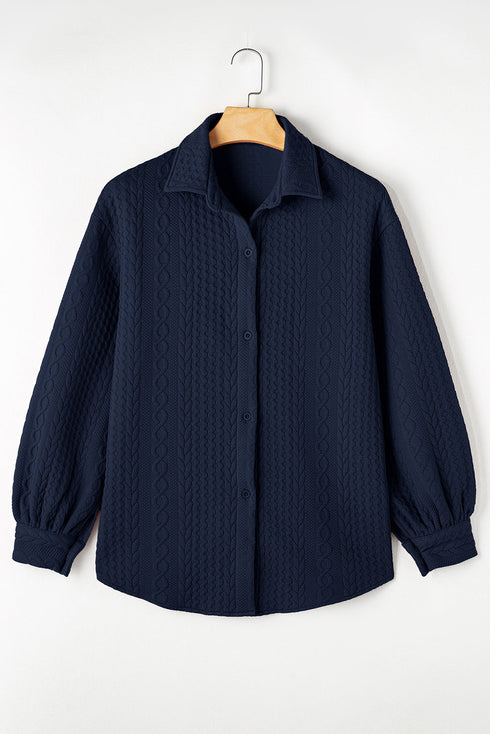 Cable Texture Button Front Puff Sleeve Shacket