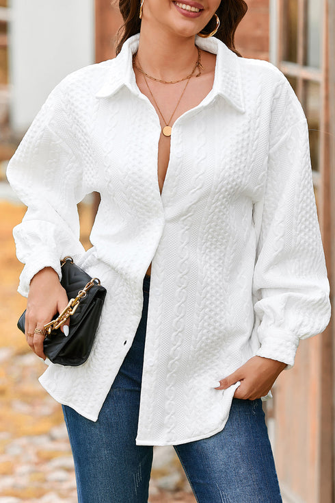 Cable Texture Button Front Puff Sleeve Shacket