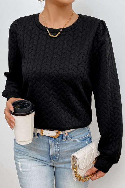 Cable Textured Puff Sleeve Sweatshirt
