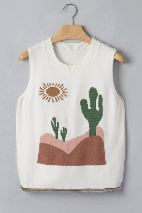 Cactus Graphic Western Oasis Loose Knit Sweater Vest