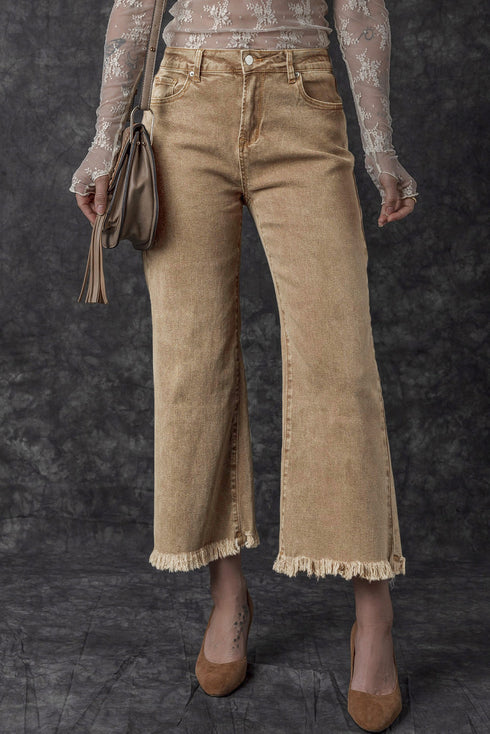 High Rise Cropped Washed Denim Wide Leg Jeans