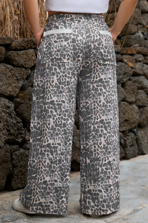 Leopard Print Raw Edge Drawstring Wide Leg Pants