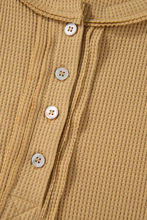 Camel Textured Knit Half Button Drop Shoulder Oversized Top