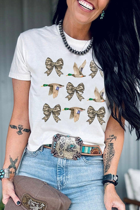 Camo Bow Duck Print Crew Neck Western Graphic Tee