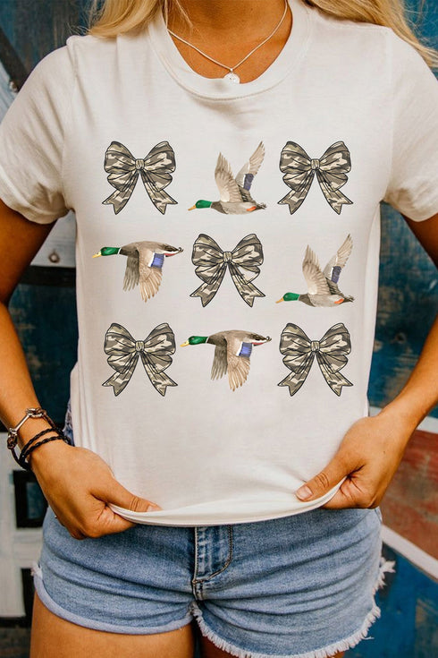 Camo Bow Duck Print Crew Neck Western Graphic Tee