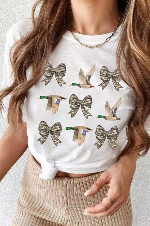 Camo Bow Duck Print Crew Neck Western Graphic Tee