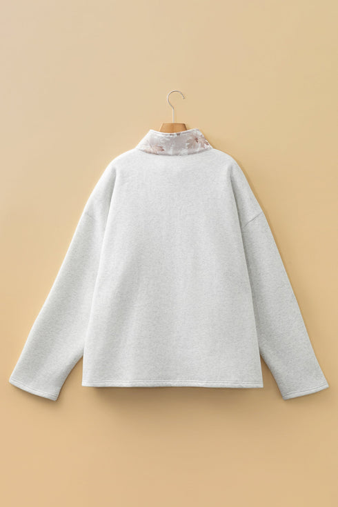 Camo Leaf Print Patchwork Zip Collar Pullover Sweatshirt