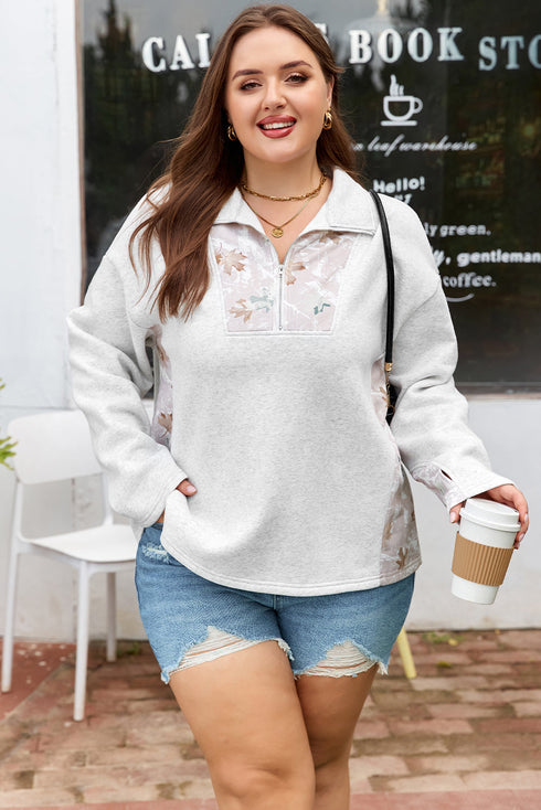 Camo Leaf Print Patchwork Zip Collar Pullover Sweatshirt