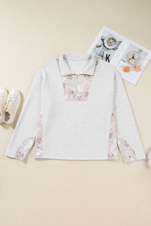 Camo Leaf Print Patchwork Zip Collar Pullover Sweatshirt