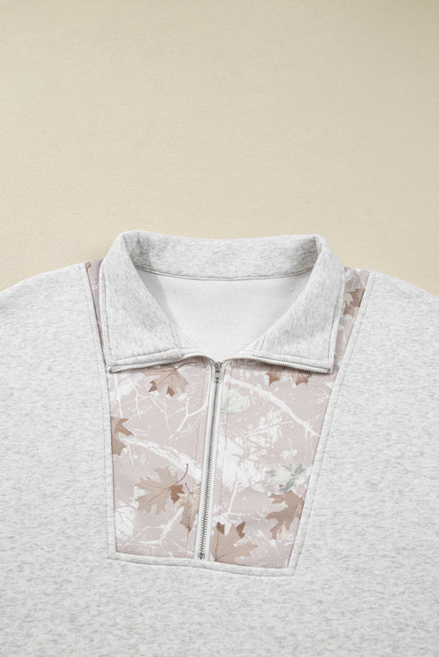 Camo Leaf Print Patchwork Zip Collar Pullover Sweatshirt