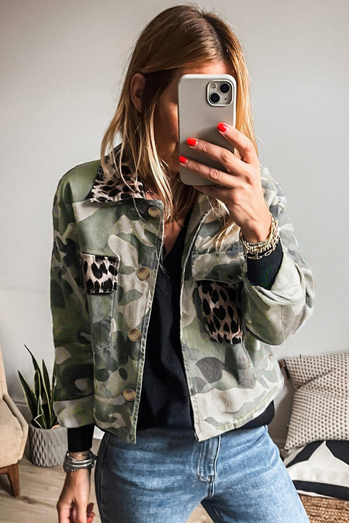 Camo Leopard Patchwork Button Front Flap Pocket Cropped Jacket
