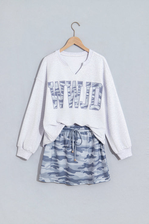 Camo Letter Print Long Sleeve Top Skort Dress Set