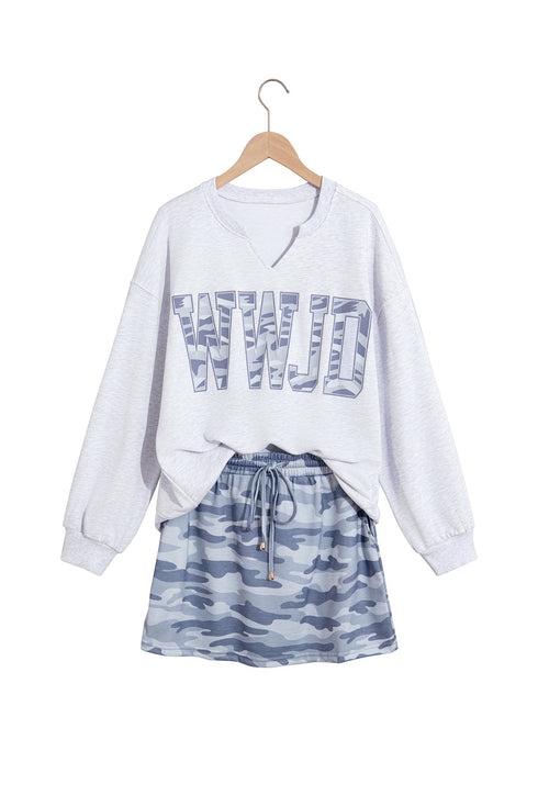 Camo Letter Print Long Sleeve Top Skort Dress Set