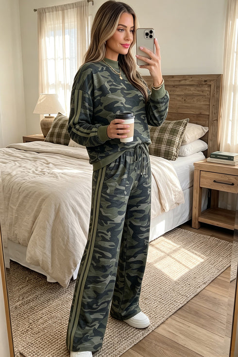 Camo Patchwork Striped Trim Long Sleeve Top Pant Set