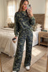 Camo Patchwork Striped Trim Long Sleeve Top Pant Set