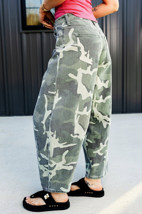 Camo Print Button Fly Straight Leg Ankle Length Jeans