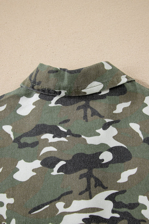 Camo Print Chest Pockets Loose Fit Denim Jacket