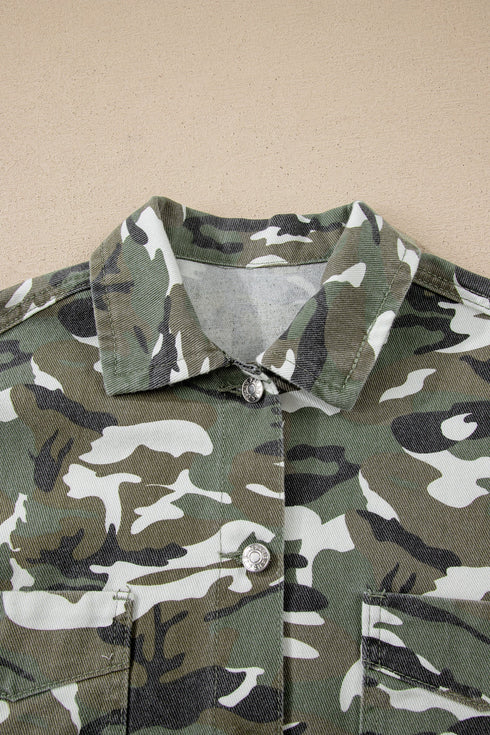 Camo Print Chest Pockets Loose Fit Denim Jacket