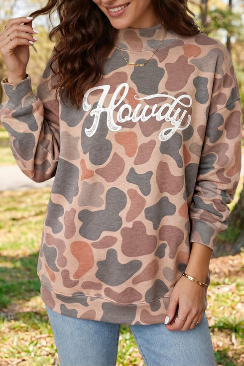 Camo Print Howdy Western Style Baggy Pullover Sweatshirt