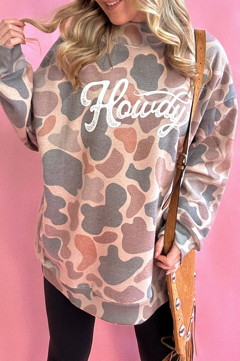 Camo Print Howdy Western Style Baggy Pullover Sweatshirt