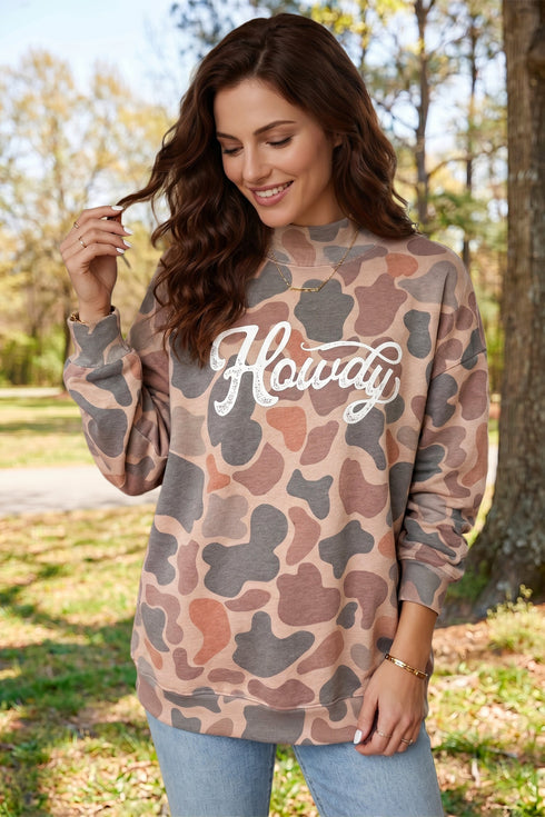 Camo Print Howdy Western Style Baggy Pullover Sweatshirt