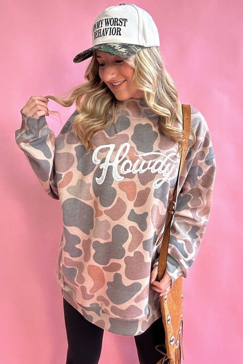 Camo Print Howdy Western Style Baggy Pullover Sweatshirt