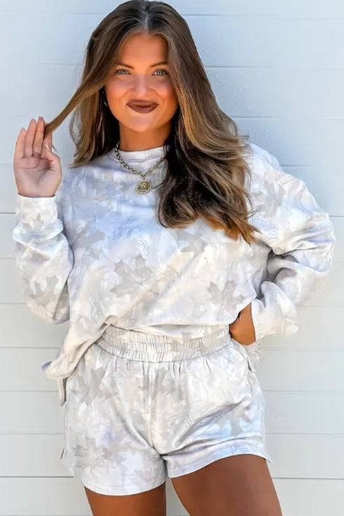 Camo Print Pullover Top Elastic Waist Shorts Short Set