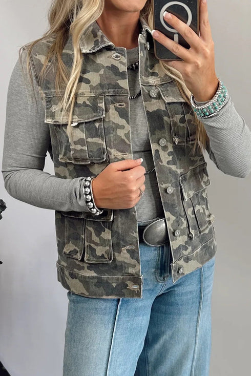 Camo Snap Front Cargo Pocket Denim Vests