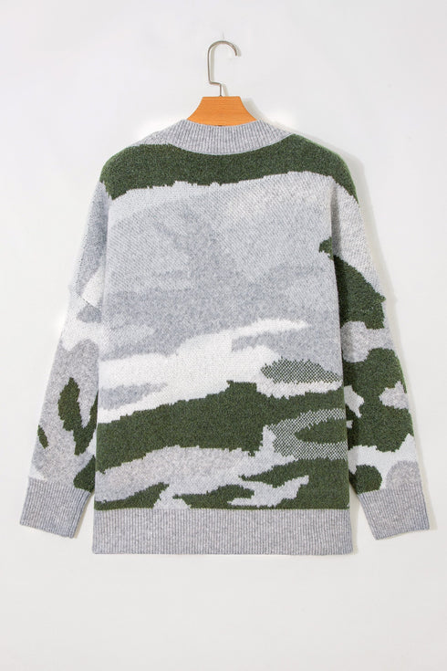 Camouflage Drop Shoulder V Neck Button Front Cardigan