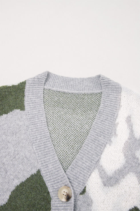 Camouflage Drop Shoulder V Neck Button Front Cardigan