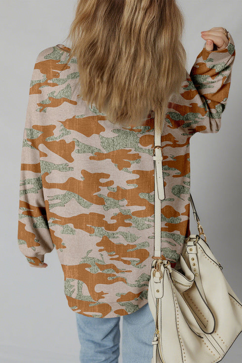 Camouflage Exposed Seam Patchwork Drop Shoulder Pullover Sweatshirt