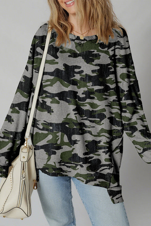 Camouflage Exposed Seam Patchwork Drop Shoulder Pullover Sweatshirt