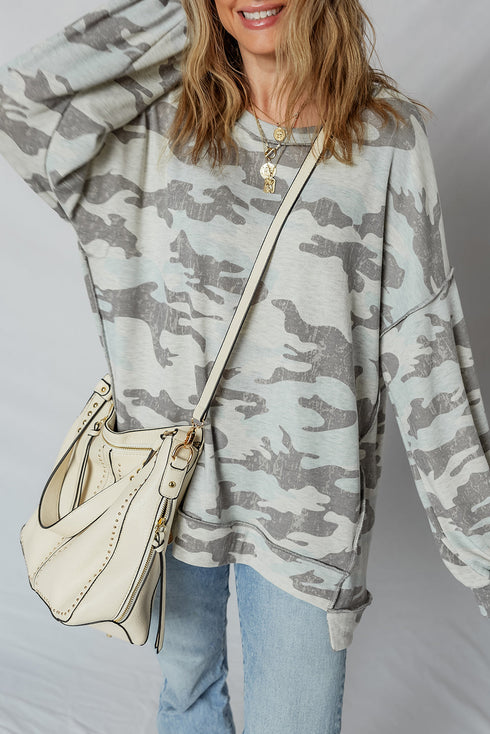 Camouflage Exposed Seam Patchwork Drop Shoulder Pullover Sweatshirt