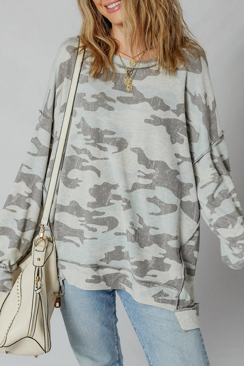 Camouflage Exposed Seam Patchwork Drop Shoulder Pullover Sweatshirt