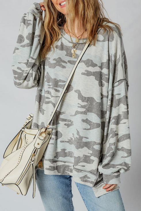 Camouflage Exposed Seam Patchwork Drop Shoulder Pullover Sweatshirt