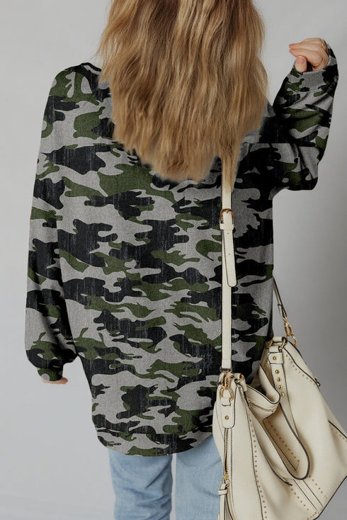 Camouflage Exposed Seam Patchwork Drop Shoulder Pullover Sweatshirt