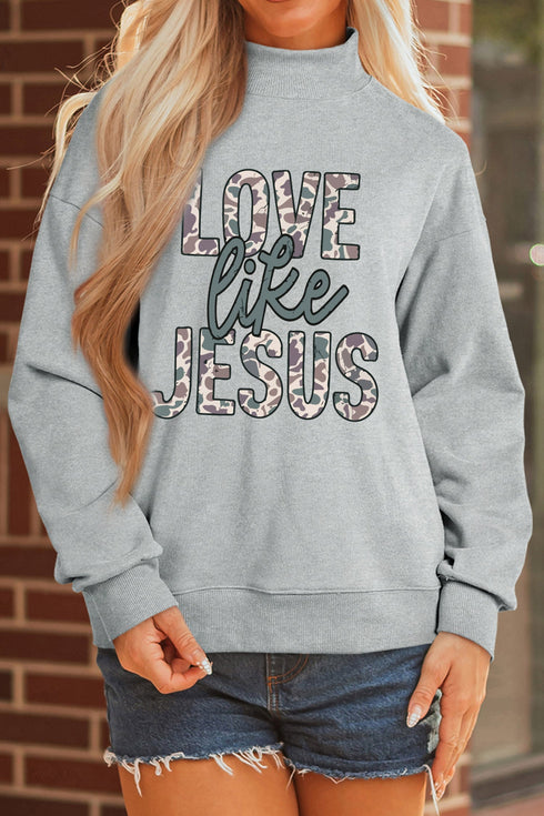 Camouflage Letter Print Faith Inspired Mock Neck Sweatshirt