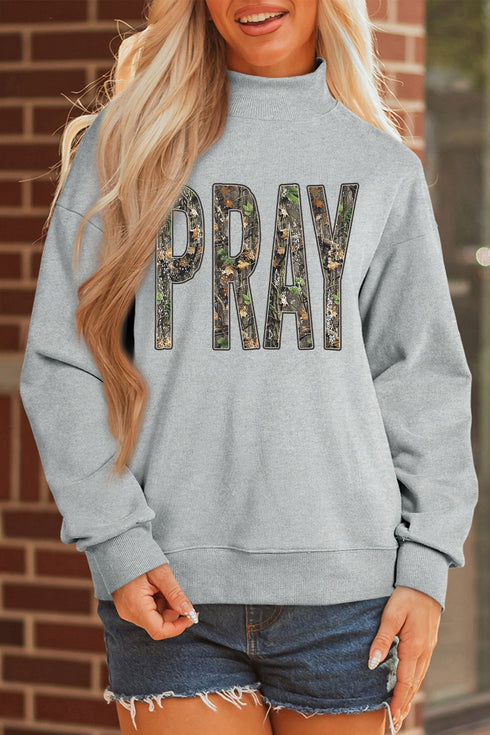 Camouflage Letter Print Mock Neck Baggy Pullover Sweatshirt