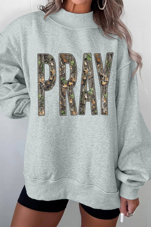 Camouflage Letter Print Mock Neck Baggy Pullover Sweatshirt