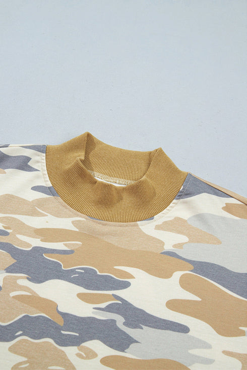 Camouflage Mock Neck Long Sleeve Top Short Set