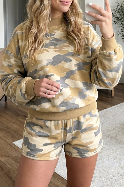 Camouflage Mock Neck Long Sleeve Top Short Set