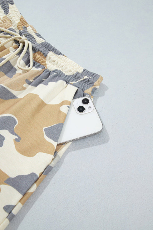 Camouflage Mock Neck Long Sleeve Top Short Set