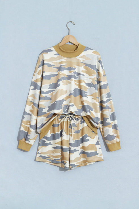 Camouflage Mock Neck Long Sleeve Top Short Set