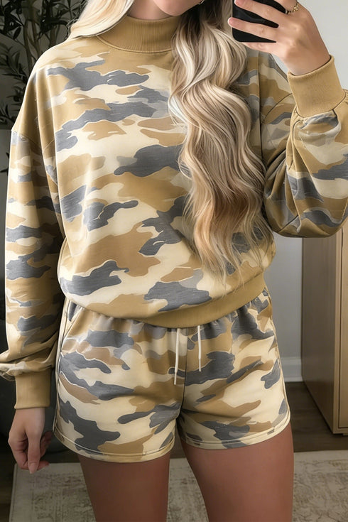 Camouflage Mock Neck Long Sleeve Top Short Set