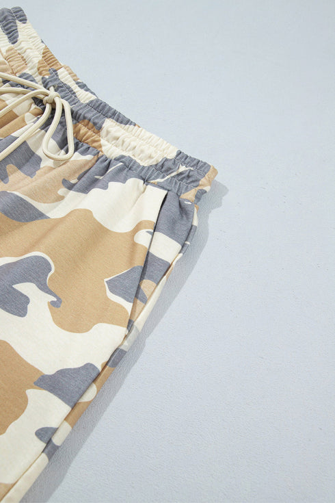 Camouflage Mock Neck Long Sleeve Top Short Set