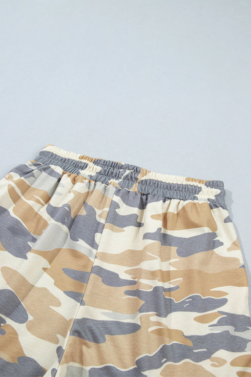 Camouflage Mock Neck Long Sleeve Top Short Set