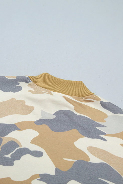 Camouflage Mock Neck Long Sleeve Top Short Set