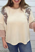 Camouflage Panel Twist Rib Sleeve Round Neck Loose Fit Blouse