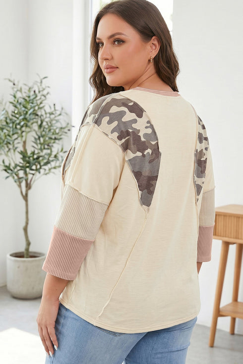 Camouflage Panel Twist Rib Sleeve Round Neck Loose Fit Blouse